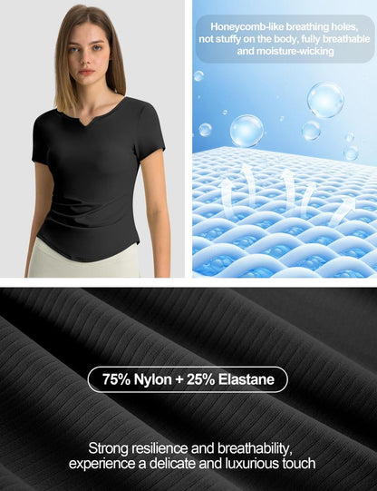 Workout Tops for Women Breathable Short Sleeve Athletic Tee V-Neck Slim Cutting Summer Running Gym Fitness Yoga Sports T-Shirt Black M