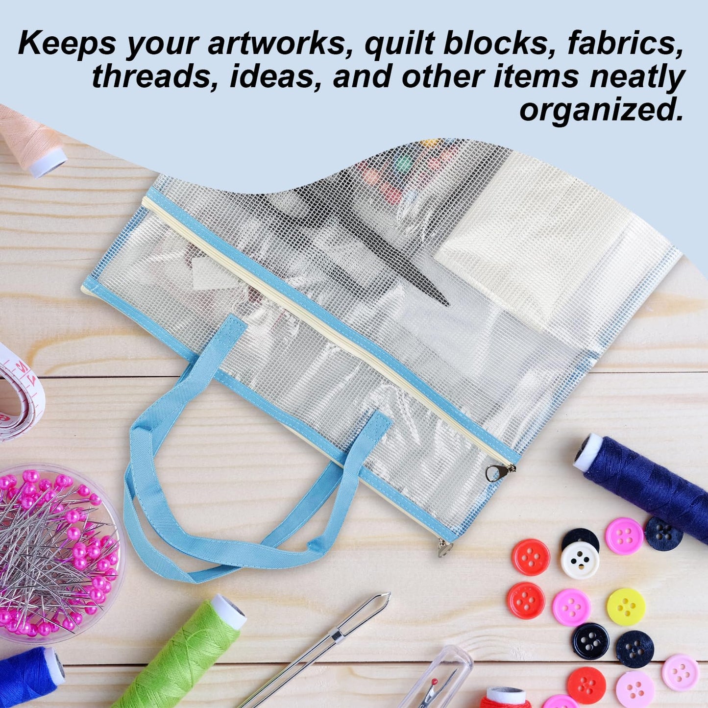 Daxolanz Jumbo Craft Project Bag 16.5”x16.5” – Portable See-Through Mesh Sewing Organizer with Handles & Zipper, Ideal for Quilting, Knitting, Needlepoint, Embroidery & Art Projects (Blue)