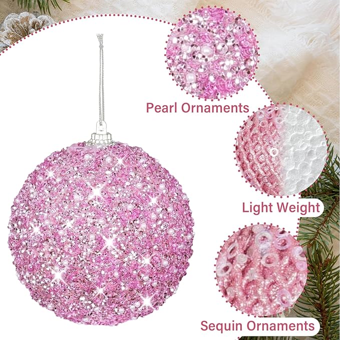 6pcs 3.94" Christmas Ball Ornaments Glitter Shatterproof Christmas Tree Ornaments Sequin Xmas Hanging Balls Decorations for Wedding Party Holiday(Pink)