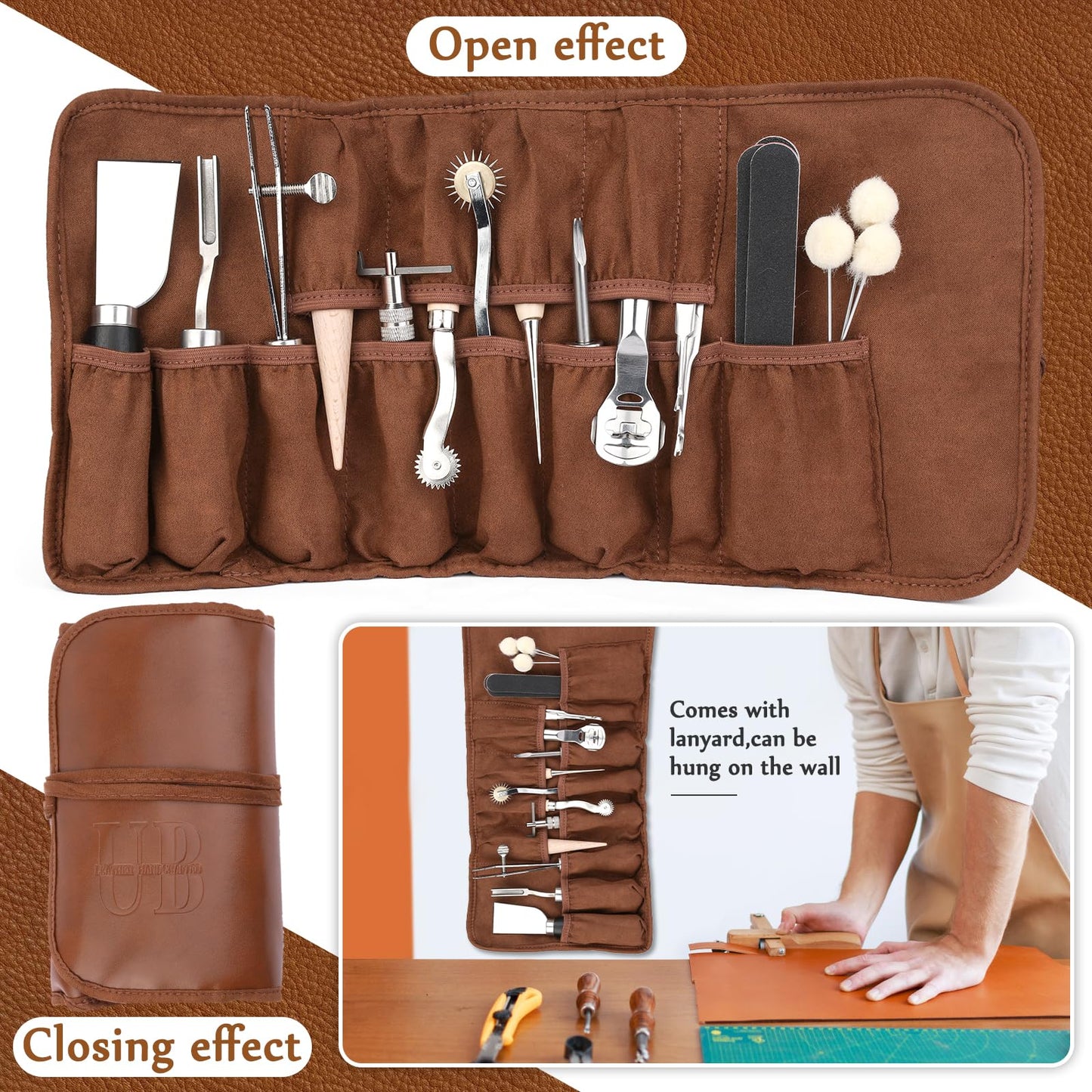 Leather Working Tools, Leather Craft Tools Kit with Awl Stitching Punch Hole Sewing Needles for Leathercraft Beginner Carving Stamping Repair Projects