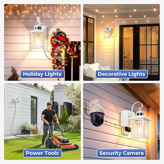 Outdoor Wall Light with GFCI Outlet, 2-Pack Motion Sensor Exterior Lighting Fixtures Wall Mount, White Front Porch Lantern Wall Sconce, Outdoor Garage Lights with Adjustable Sense Range