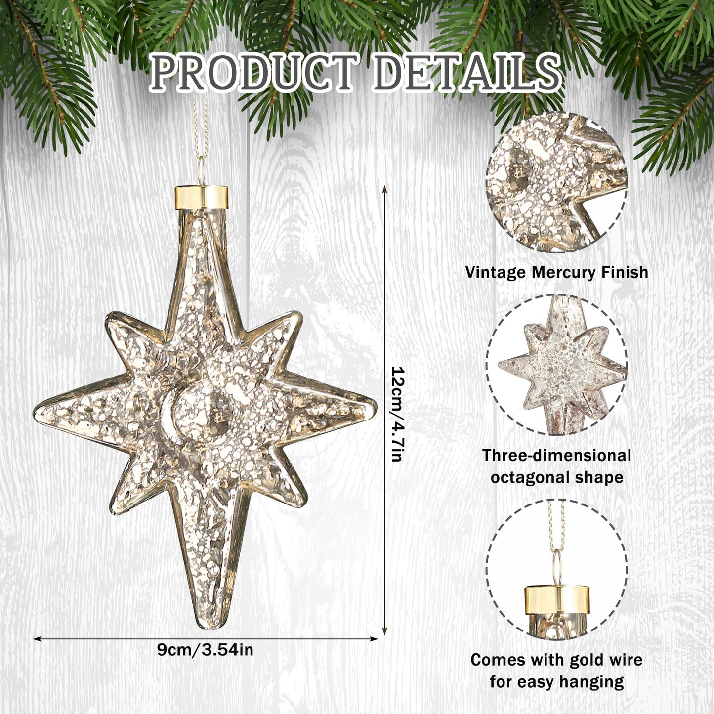 Leinuosen 6 Pcs Christmas Glitter Glass Star of Bethlehem 5 x 4 Inch Blown Glass Decorative Hanging Ornaments for Christmas Tree Xmas Party Decorations Holiday(Silver)