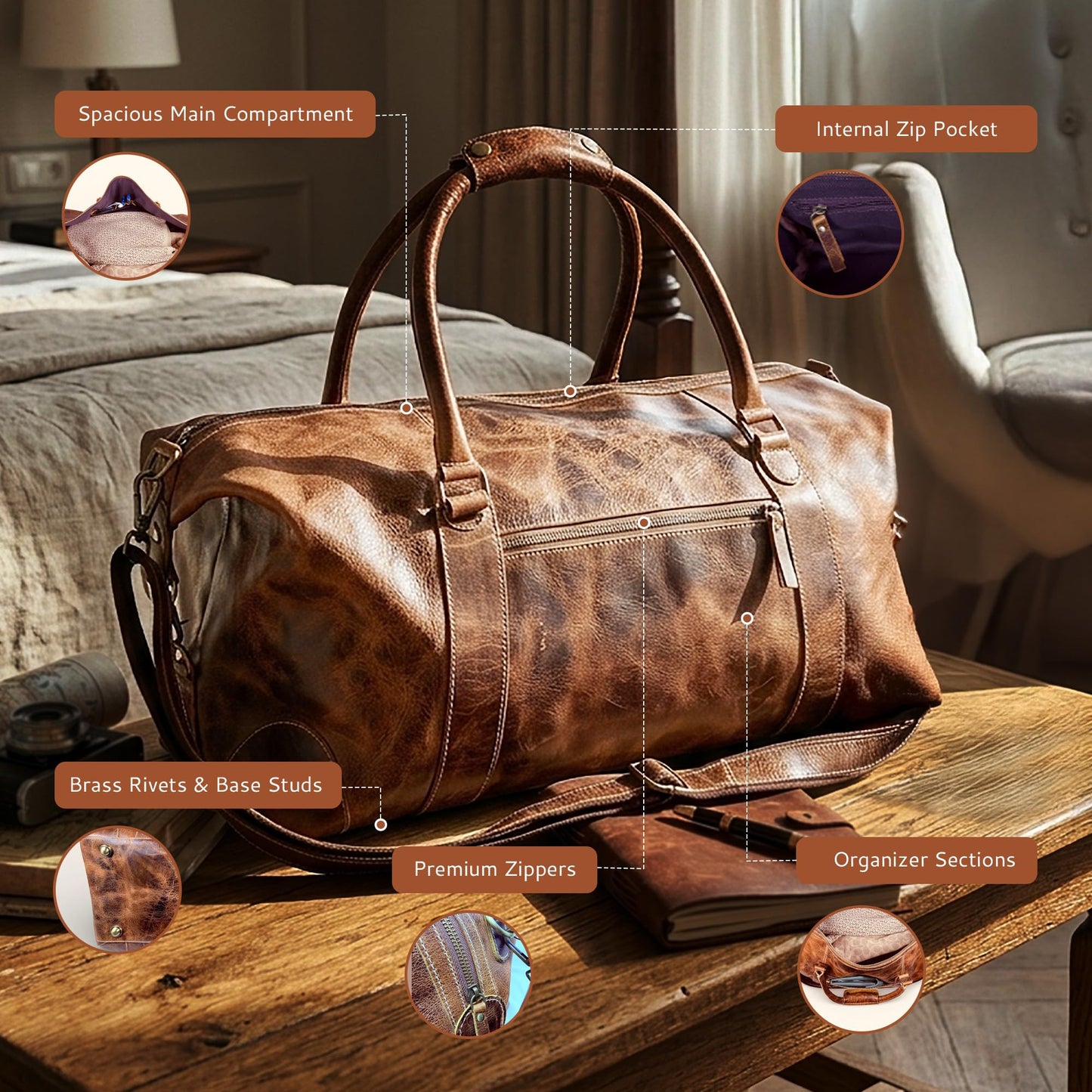 DEBKIN JOURNEY 22 Inch Top Grain Buffalo Leather Duffle Bag for Men & Women - Weekender Sports Travel Shoulder Bags, Aeroplane Hand Luggage Men Duffle Bag