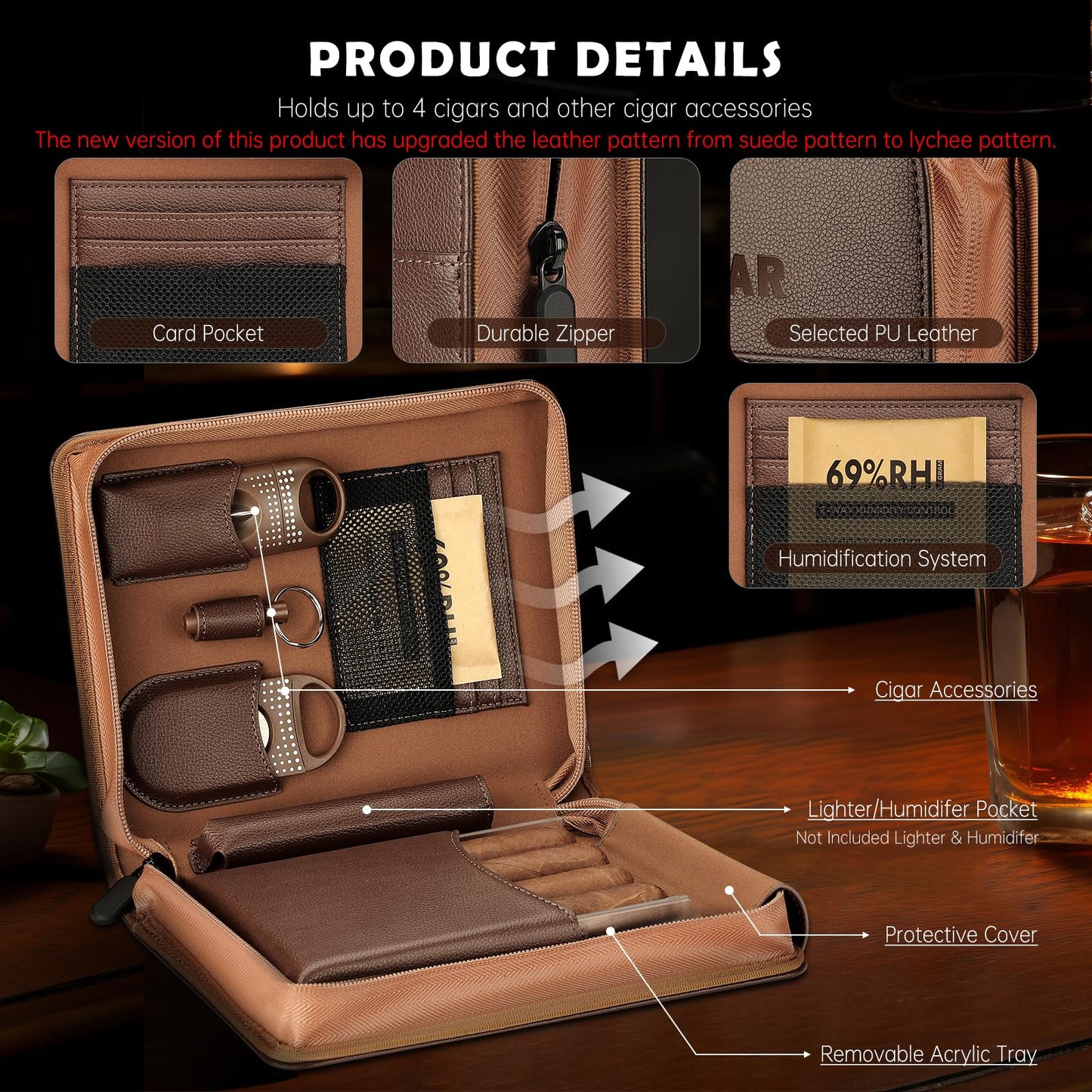 KEJIAR Cigar Humidor Case, Portable Cigar Box with Straight Cutter, V Cutter, Hole Puncher, Humidifier Packs, Travel Humidor and Cigar Accessories Gift Set Leather Cigar Case (Brown)