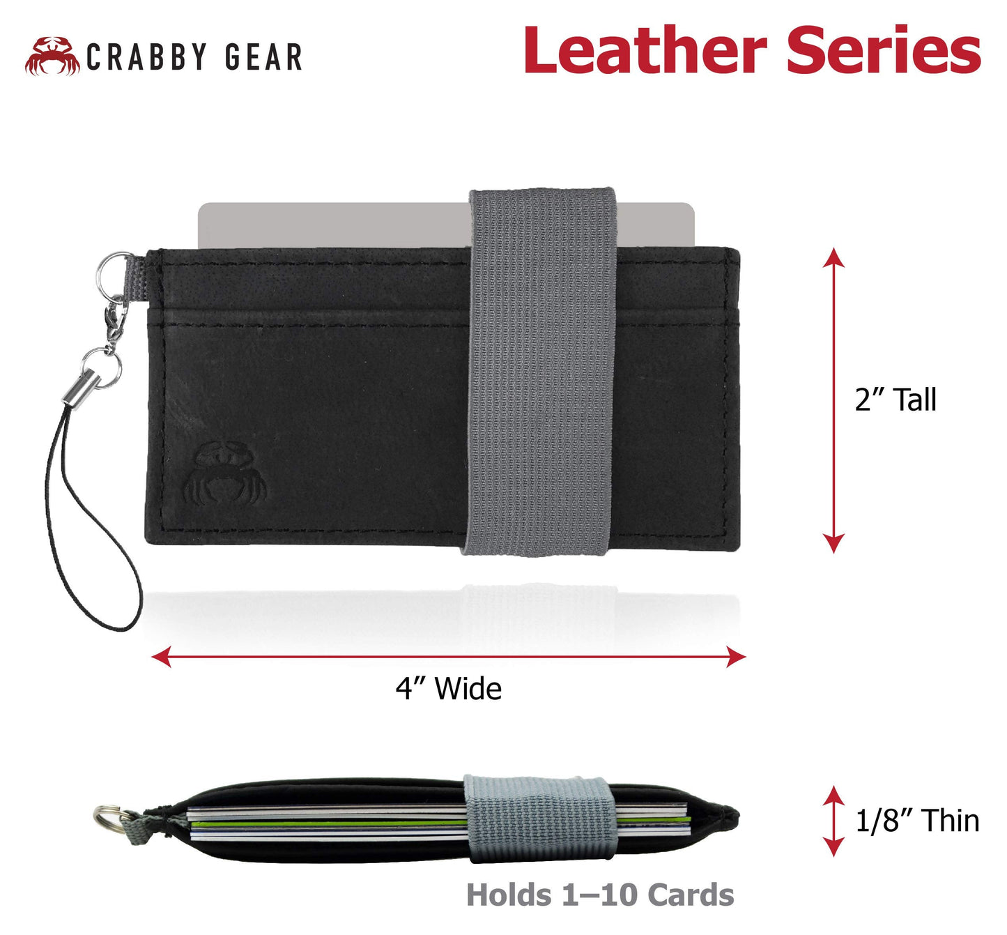 Crabby Gear - Front Pocket Wallet - Minimalist Wallet - Mammoth Black - Leather - Carry Cards, Cash, Phone, Keys - Lobster Claw Keychain Included- Ultra Thin 4"x2"