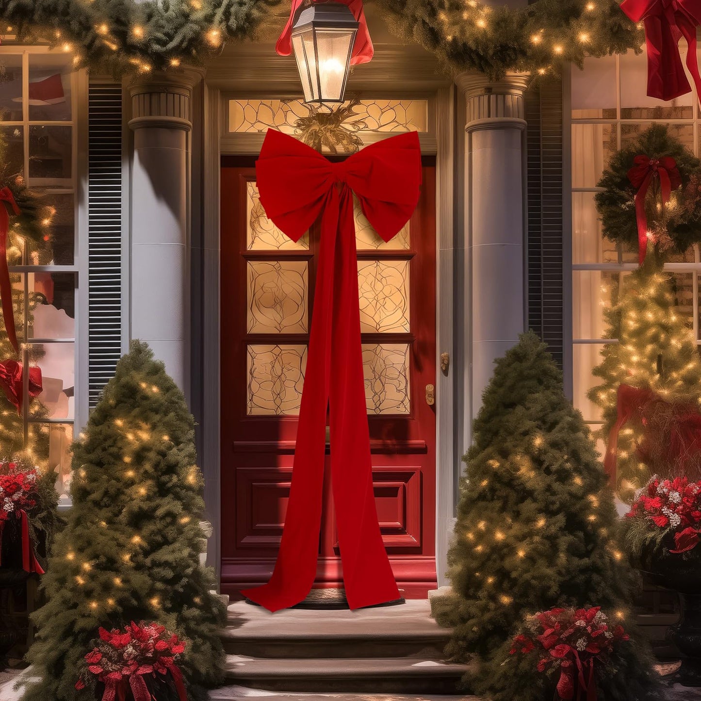 Knitgrip 1 Pack Extra Large Christmas Front Door Bow Decorations 27 x 78 Inch Red Giant Velvet Christmas Tree Topper Bow with Long Streamers Wreath Wall Decor for Home Xmas Room Holiday Porch