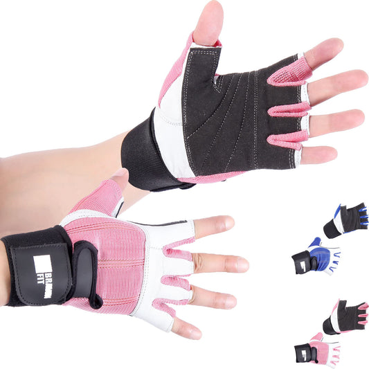 Brawn Fit Workout Gloves for Men and Women - Soft Leather Weight Lifting Gloves with Wrist Support, Padded Design Best for Gym, Exercise, Training, Barbell Workout-1 Pair X-Small Size - Pink and White
