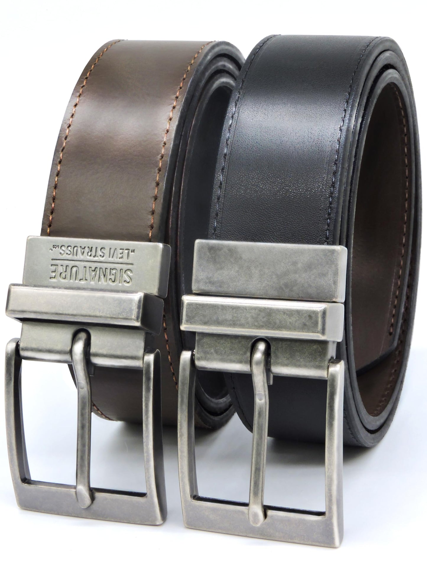 Levi Strauss Signature - Premium Leather Reversible Belt for Men for Jeans, Work, Dress & Casual pants | Cinturon Para Hombre (Brown/Black/Stitch Creased Edge, 46-48)