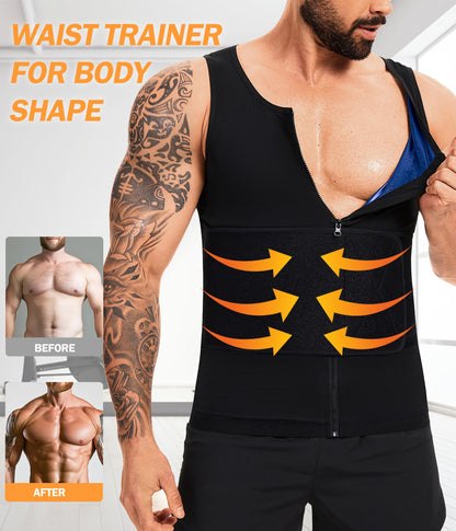 FUXERT Sauna Vest for Men Waist Trainer Sauna Shirt for Men Zipper Sweat Belt Tank Top for Belly Fat(BK L/XL)