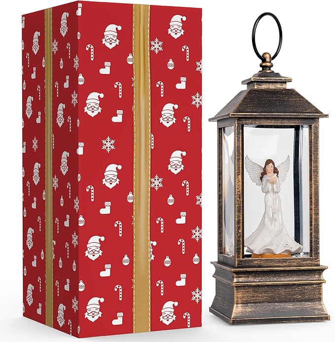 Christmas Snow Globe Lantern Water Glittering Angel with Dove, USB Lined/Battery Operated Lighted Lantern for Christmas Festival Decoration Gifts