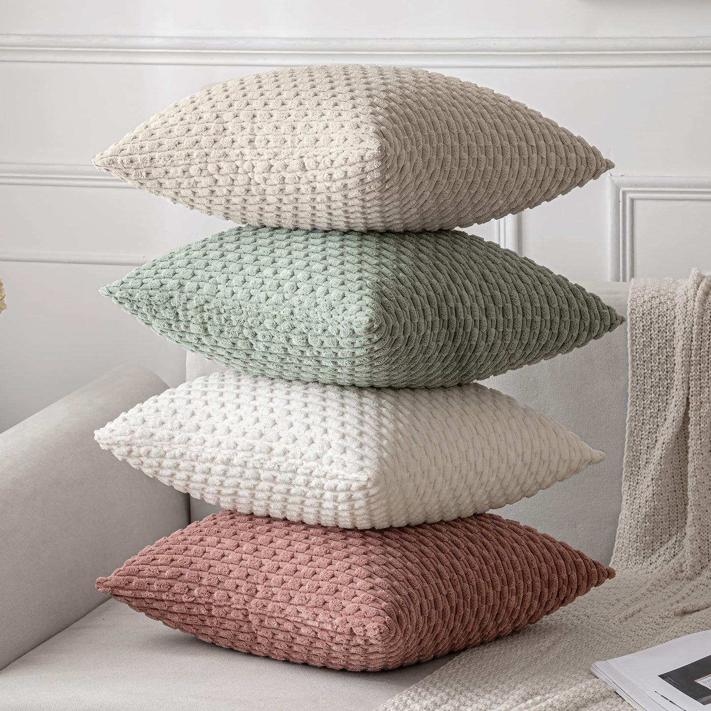 MIULEE Pack of 2 Decorative Throw Pillow Covers 20x20 Inch Soft Boho Striped Textured Corduroy Pillow Covers Modern Farmhouse Home Decor for Couch Bed Sofa Living Room Cream White