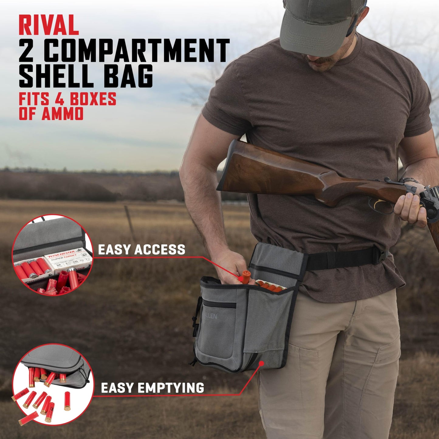 Allen Company Rival Double Compartment Shell Bag - Canvas Shotgun Shell Pouch Holds 2 Boxes of 12-Gauge Shells - Spent Hull Dump Pocket, Adjustable Belt for Trap, Skeet & Clay Shooting - Gray