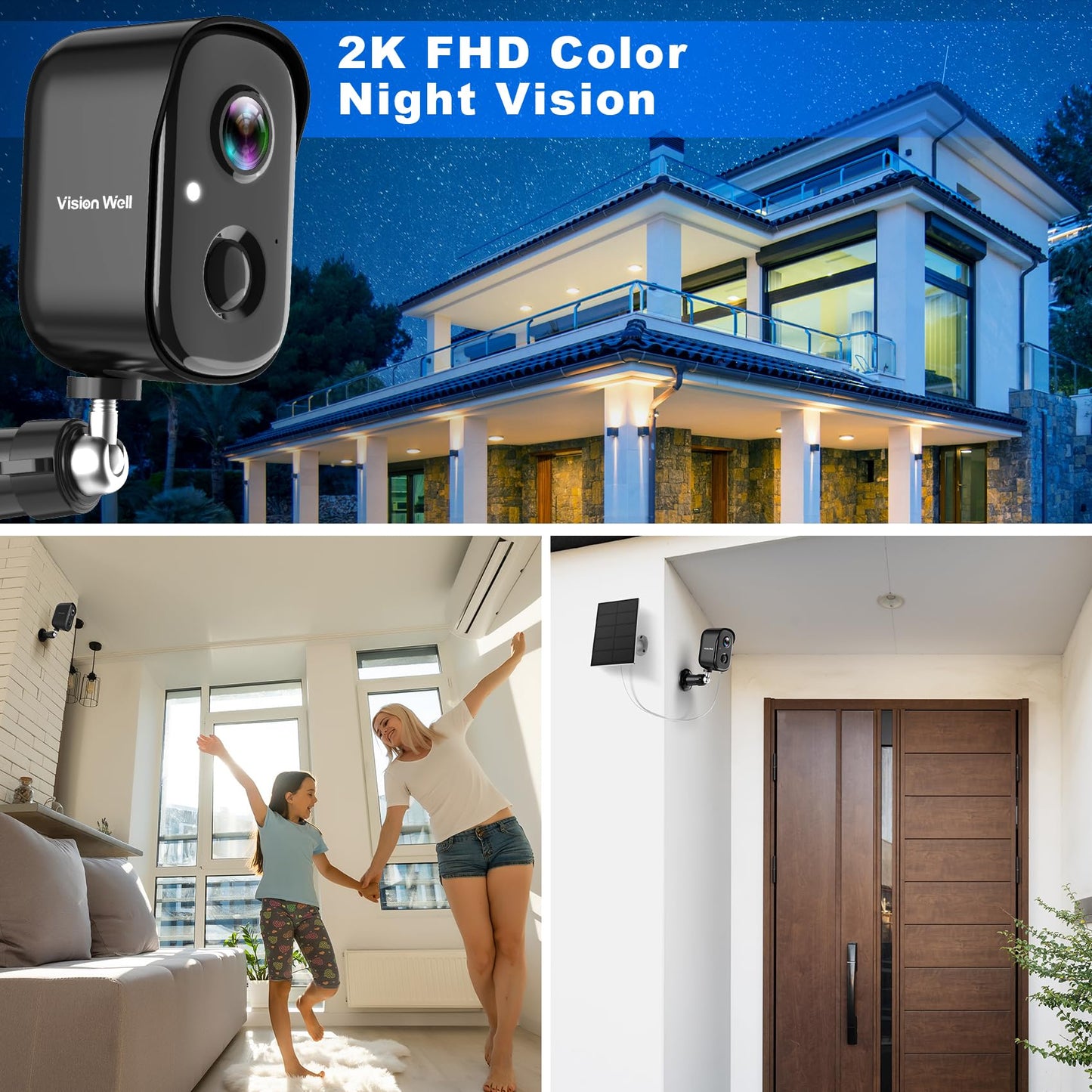 Security Cameras Wireless Outdoor, 2K WiFi Cameras for Home Security with Solar Panel Battery Powered AI Motion Detection Spotlight Siren Alarm Surveillance Home Security Cameras, Color Night Vision