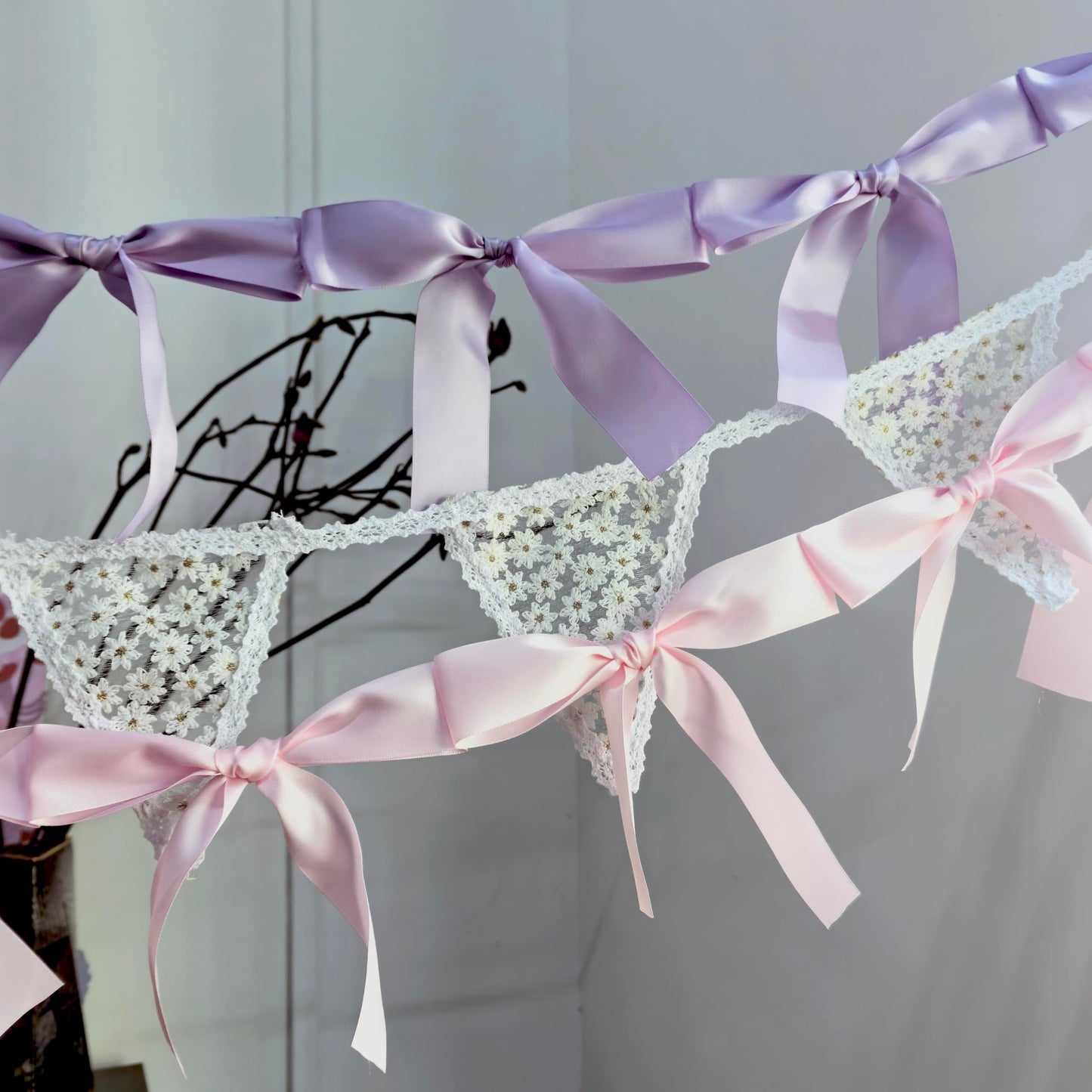 Eanjia Bow Knot Garland | 6ft Linking Satin Bow Banner with 3ft Extend Ribbon for Coquette Bachelorette Party, Baby Shower,Bridal Shower Wedding Baby Room Bed Decor (Violet, 6ft)