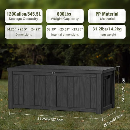 150 Gallon Waterproof Large Resin Deck Box Indoor/Outdoor Lockable Storage Container and Seating for Garden, Pool, and Patio (150 Gallon, Black)