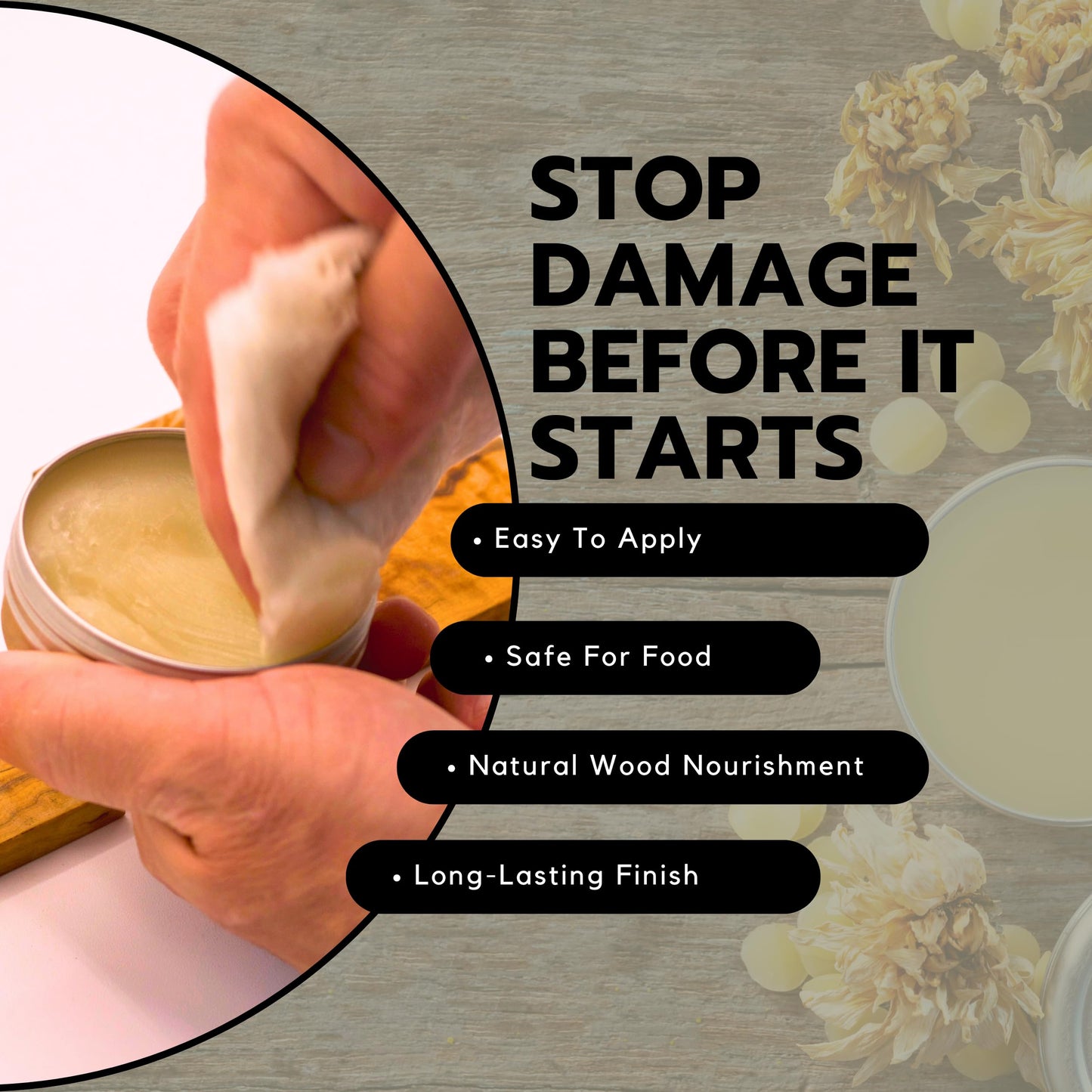 2oz Food Grade Beeswax Wood Polish For Wood Cutting Board Wax & Wooden Cooking Utensils | Carnauba Wax For Butcher Block, Cutting Board Conditioner and Furniture Polish and Cleaner