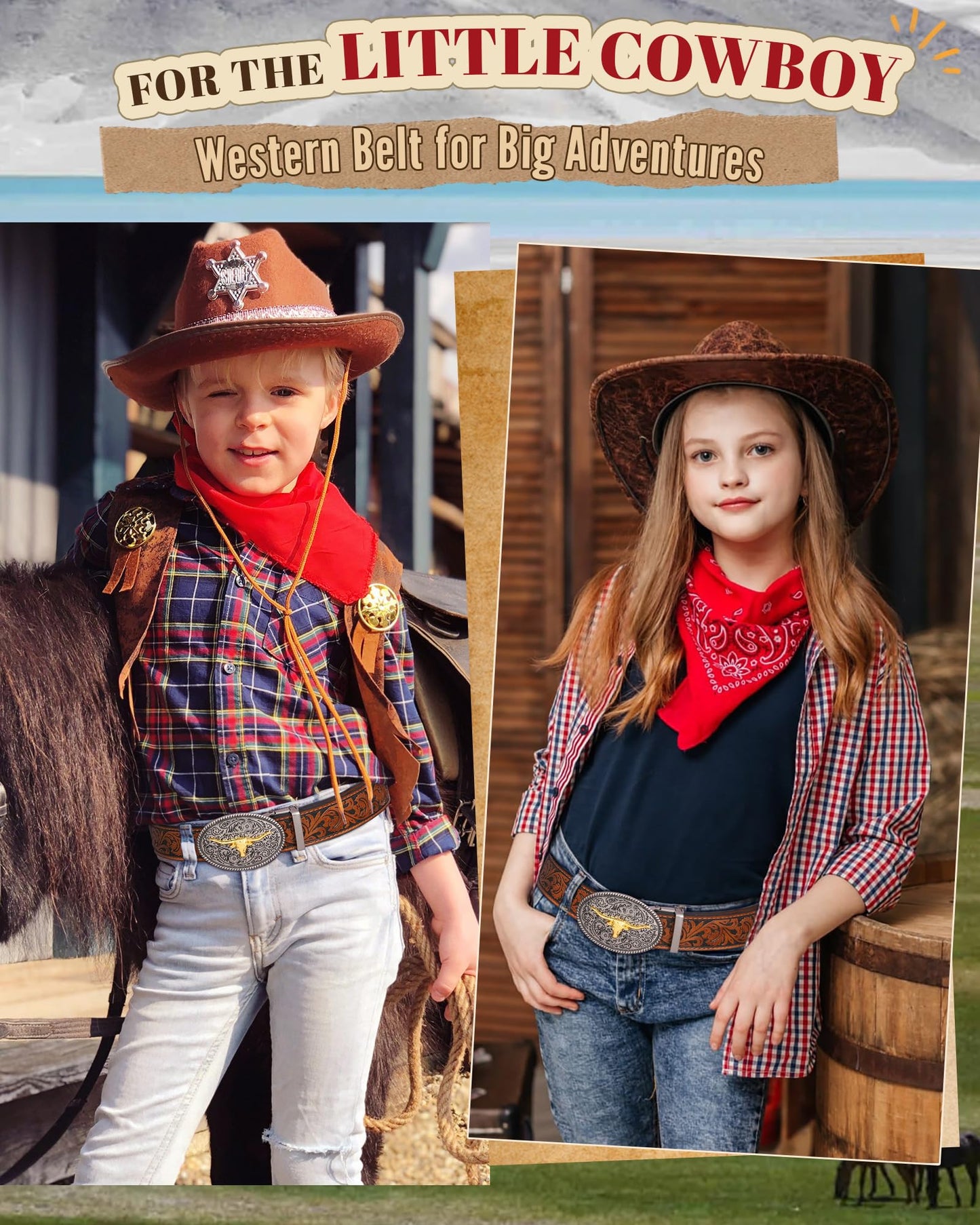 AWAYTR Kids Ratchet Western Belt - PU Leather Cowboy Belt Adjustable Toddler to Big Kid Sizes for Jeans (Gunmetal Gold Cow-Brown, Fit Waist: 23"-26")