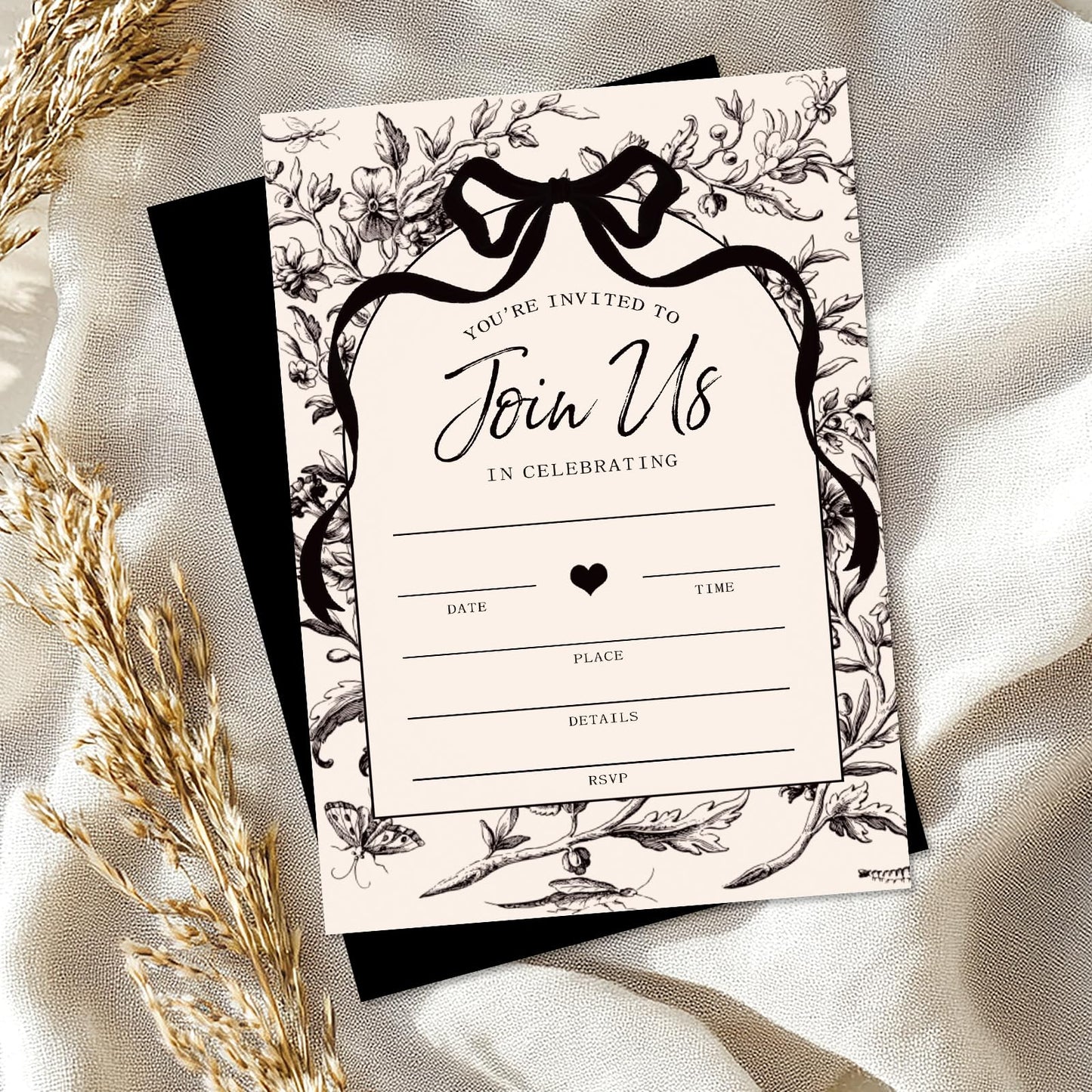 Whaline 25 Pack Black Bow Floral Invitations with Envelopes Stickers Vintage Bowknot Flower Invitation Cards Blank Invites for Coquette Celebration Party Supplies, 5 x 7 Inch