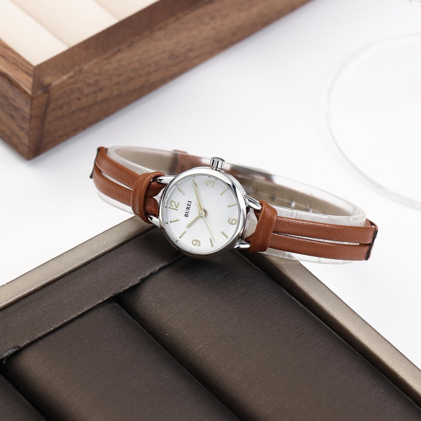 BUREI Women's 22mm Small Dial Quartz Watch, Lightweight Women Watch,Japan Quartz Movement, Brown Handmade Leather Strap, Ideal Gift for Women Mom