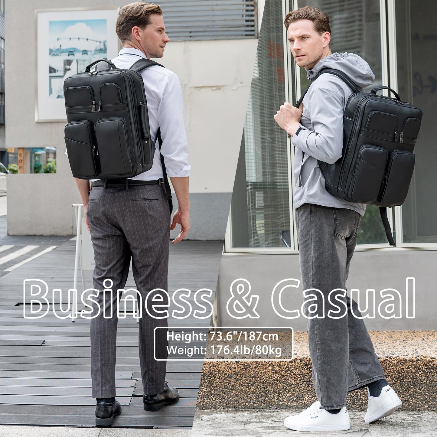 TIDING 17.3" Leather Laptop Backpack for Men Multi Pockets Casual Daypack Business Travel Rucksack, Black