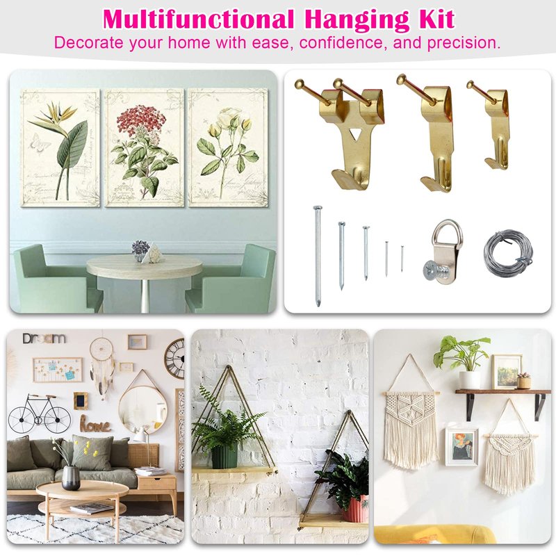 TOYIEW Picture Hanging Kit, 315pcs Hanging Hardware with Hooks, Wire, Nails, D Ring, Wall Hanging Kit with Hangers, Magnetic Level and Small Pink Claw Hammer, nails for hanging pictures for Home Decor