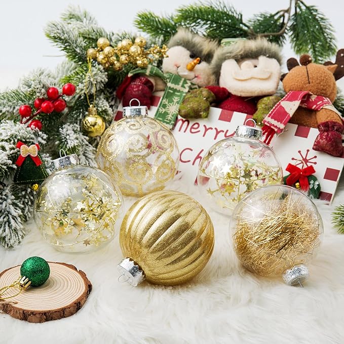 XmasExp 8ct Christmas Ball Ornaments Set -Large Clear Plastic Shatterproof Xmas Tree Ball Hanging Baubles Stuffed Delicate Glittering for Holiday Wedding Xmas Party Decoration (100mm/3.94",Gold)