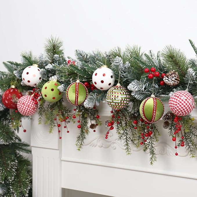 80MM/3.14" Velvet Christmas Ball Ornaments, 12PCS Shatterproof Flocking Foam Ornaments Set for Christmas Tree Hanging Decorations, for Home Holiday Party Indoor Xmas Decor. (Red/Green/White)