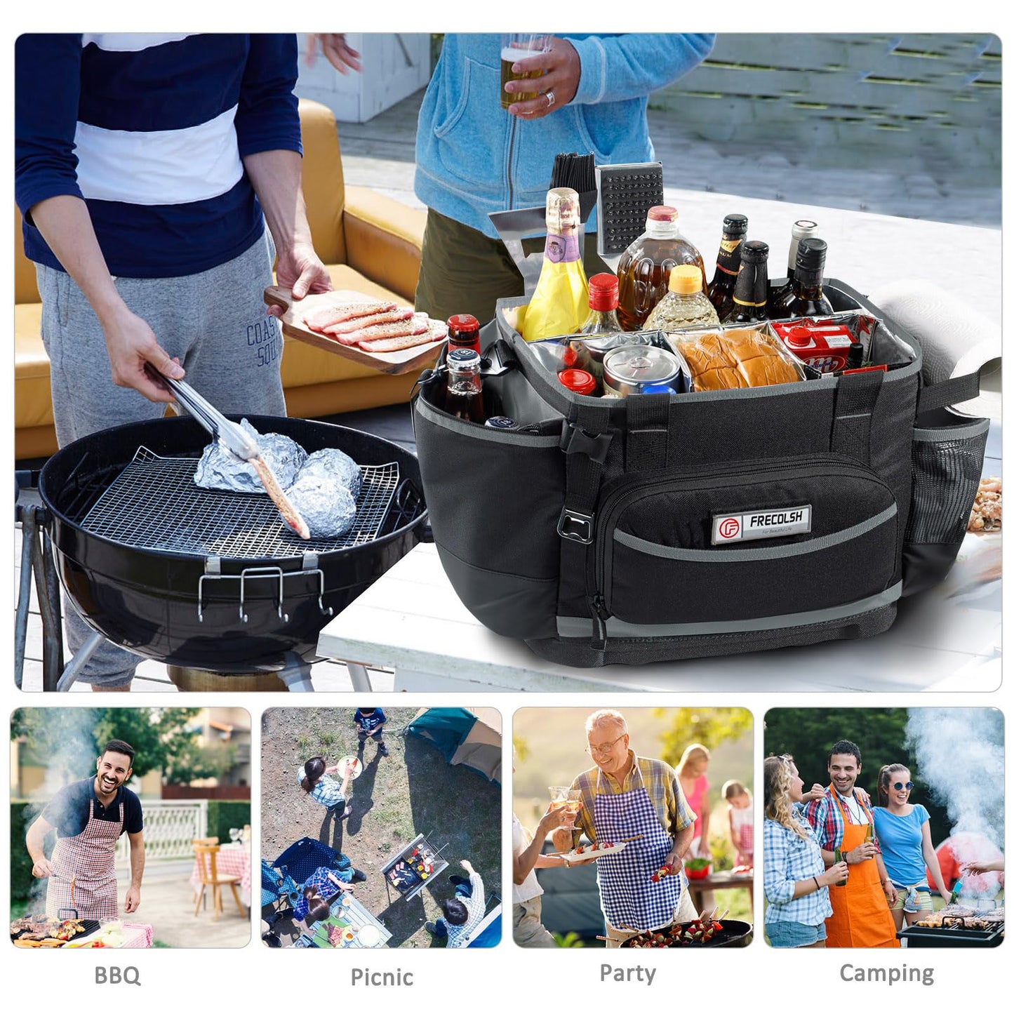 FRECOLSH Large BBQ Organizer with Molded Hard Base, Compatible with Blackstone Outdoor Utensil Bag for Camping, Picnic & Tailgating, Portable Cooking Accessories Tote, Gift for Men