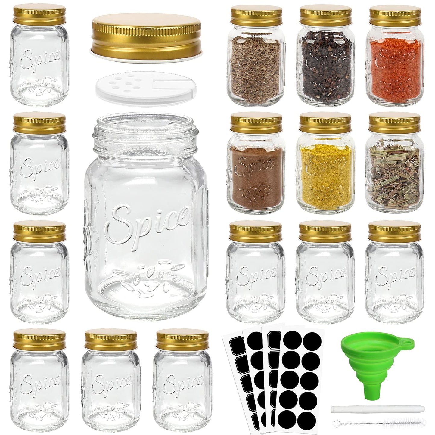 CycleMore 15 Pack 4oz Glass Mason Spice Jars, Round Spice Containers with Silver Metal Caps and Pour/Sift Shaker Lids-40pcs Labels,1pcs Silicone Collapsible Funnel,1pack Brush and 1 Pen Included