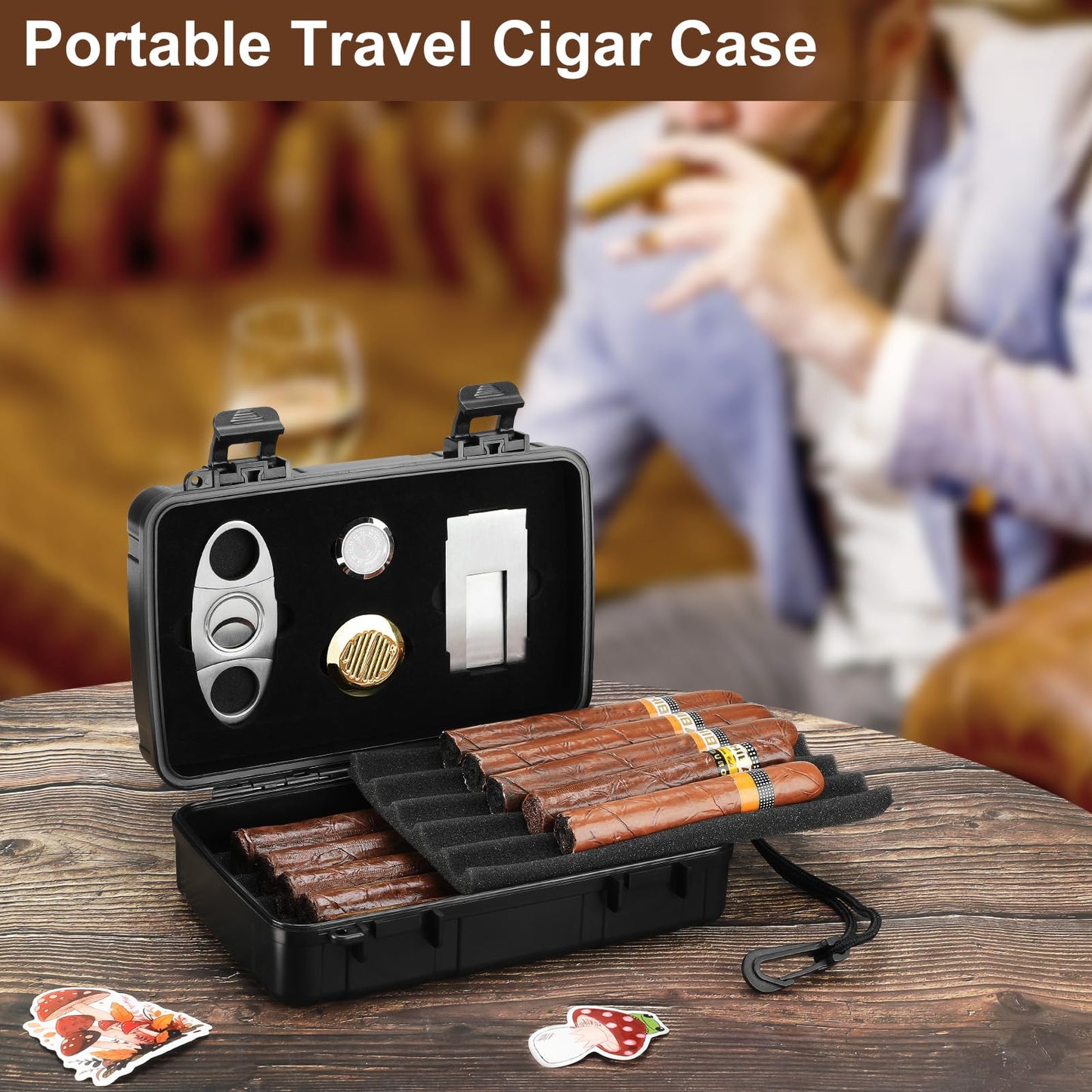 Kyrgyzst Travel Cigar Case Holds 10 Cigars, Portable Cigar Humidor includes Cigar Cutter, Humidifier, Hygrometer - Cigar Accessories Set for Men (Black)