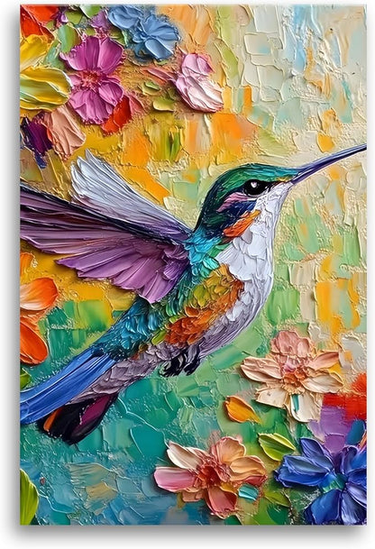 2D No Texture Colorful Painting Hummingbird Canvas Wall Art, Spring Flower Wall Decor, Cute Poster Hummingbird Picture for Wall Living Room Bathroom Bedroom Home Decoration 16*24 in (Poster No Frame)