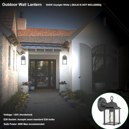 LIT-PaTH Outdoor Wall Lantern, Wall Sconce as Porch Lighting Fixture, E26 Base, Aluminum Housing Plus Glass, Water-Proof and Outdoor Rated, ETL Qualified, 1-Pack, Black