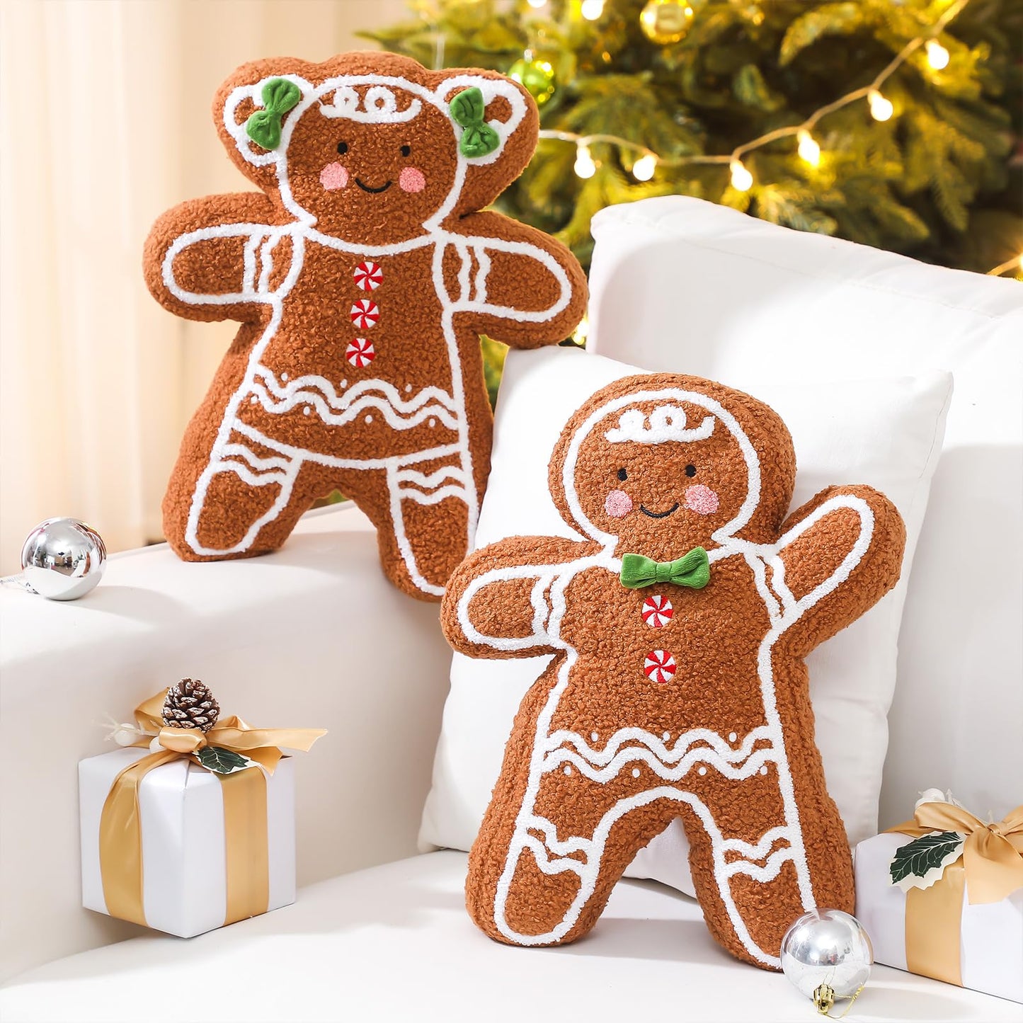 Burbell 2 Pack Gingerbread Couple Throw Pillows 12.5 x 15 Inch Christmas Plush Pillows Soft Sherpa Gingerbread Man Woman Dolls for Holiday Party Cushion Bed Room Decorative Xmas Gift