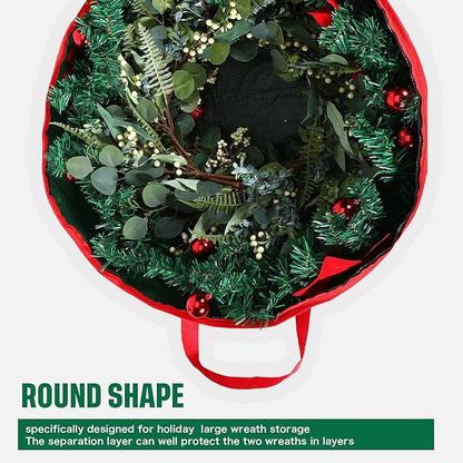 Double Layer Christmas Wreath Storage Container Bag Wreath Storage Pure Color Seasonal Garland Holiday Container Festive Box with Dual Zippers and Handles for Xmas(36 Inch,Red)