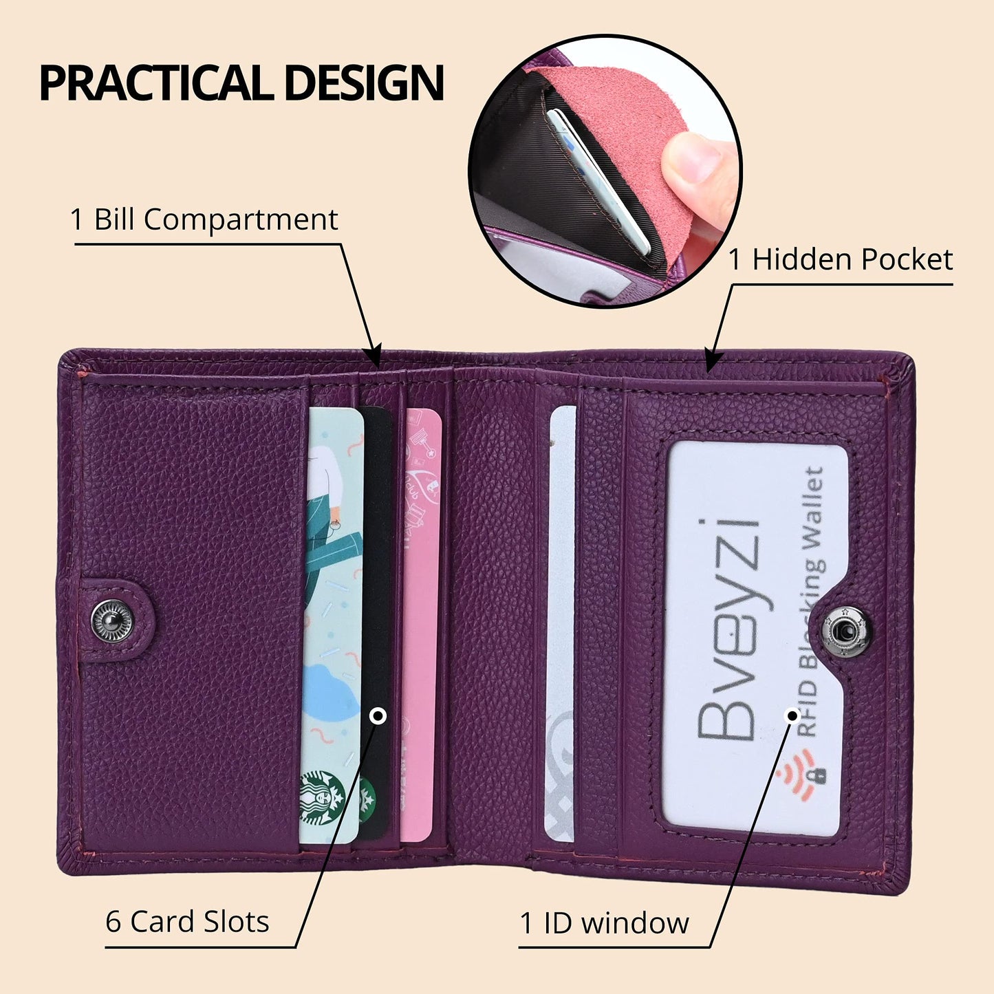 Bveyzi Ultra Slim Small RFID Wallet for Women, Leather Tiny Thin Bifold Pocket Ladies Wallet