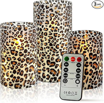 Flickering Flameless Candles Leopard Print Embedded Star String Lights, Battery Operated Acrylic LED Pillar Candles with 11-Key Remote and Timer for Home Decoration, 3 Pack