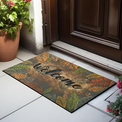 CHICHIC Door Mat Welcome Mat 17x 30 Inch Front Door Mat Outdoors for Home Entrance Outdoors Mat for Outside Entry Way Doormat Entry Rugs, Heavy Duty Non Slip Rubber Back Low Profile, Retro Leaves