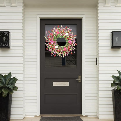 Sggvecsy Spring Summer Wreath for Front Door 22 Inch Artificial Colorful Flower Wreath with Colorful Tulips Greenery Leaves Lavender for All Seasons Home Farmhouse Indoor Outdoor Wall Decor (Mixed)