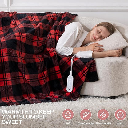 Heated Electric Blanket Twin Size 84" x 62", 8 Heat Settings, 10-Hour Selectable Auto Shut-Off, Fast Heating Blanket, Machine Washable, Warm and Cozy Red Black Plaid Checkered Sherpa Blanket,