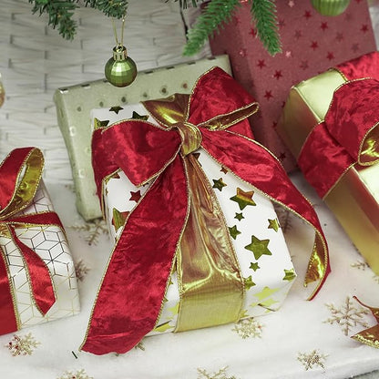 MEEDEE Red Velvet Wired Ribbon 2.5 Inch 10 Yards Double Sided Gold & Red for Christmas Tree, Wreath & Crafts