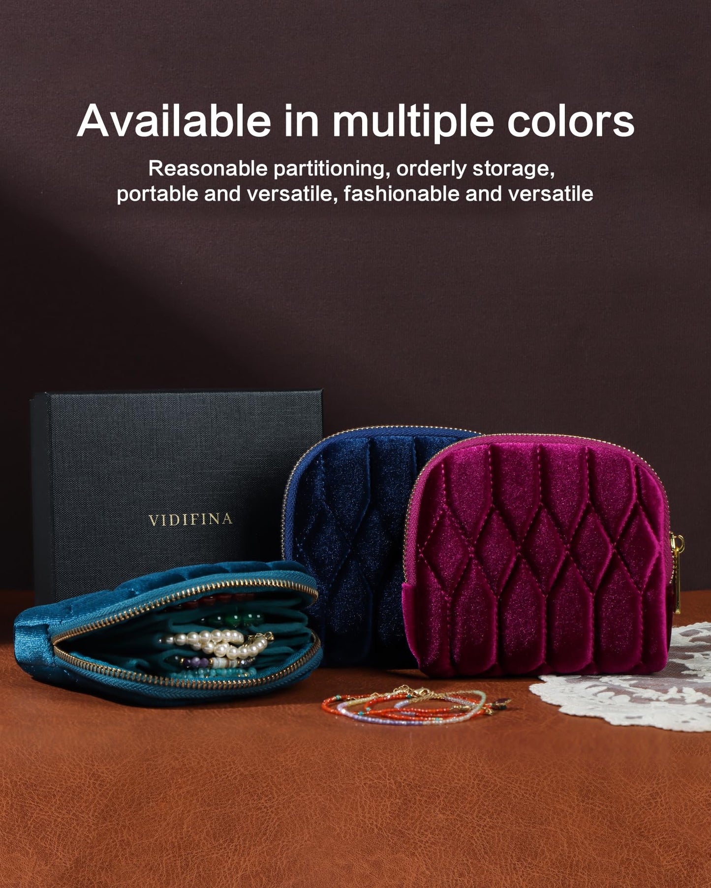 Vidifina Travel Jewelry Case,Mini Travel Jewelry Bag with Zipper,5-Layer Velvet Organizer Pouch for Bracelet Rings Earrings - Diamond Stitched Velvet Teal Blue