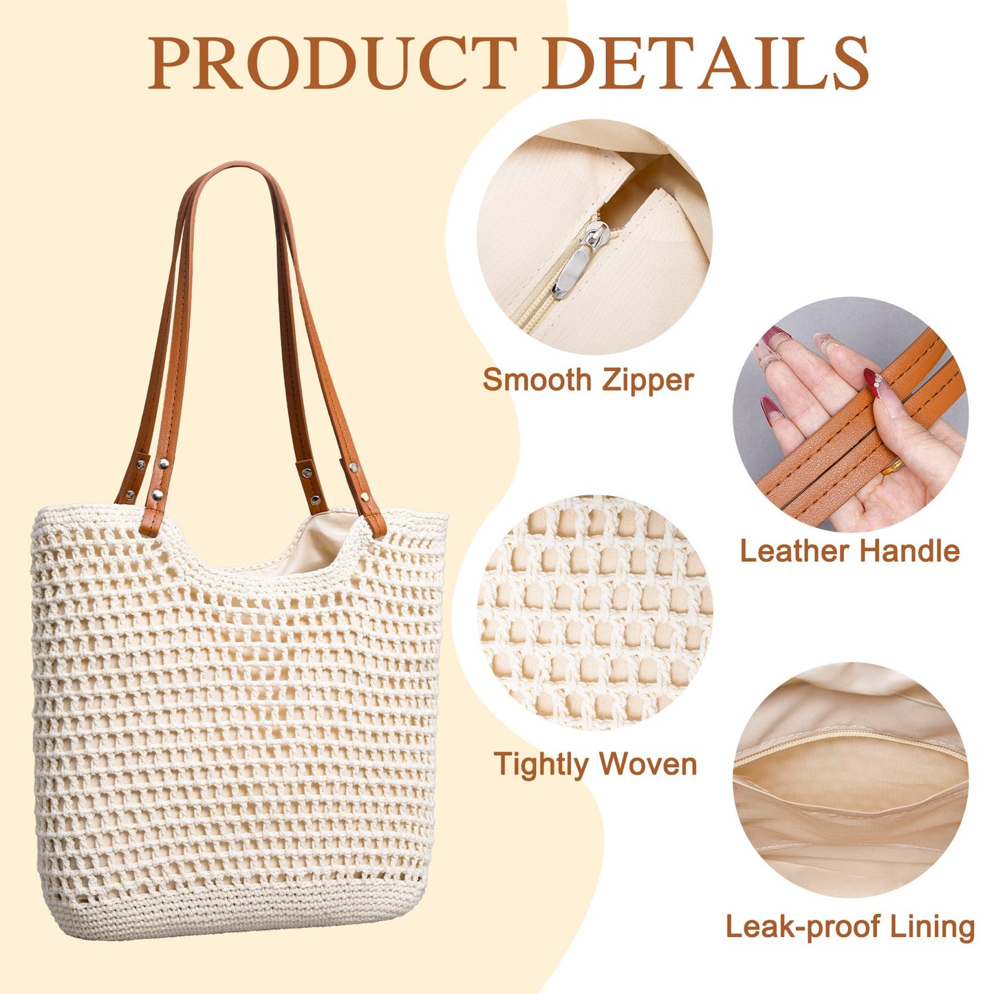 Toptime Crochet Beach Bags for Women, Woven Beach Tote Bag with Zipper & Leak-Proof Lining, Lightweight Boho Shoulder Bags with Leather Handle, Large Capacity Handbags for Summer Vacation Travel