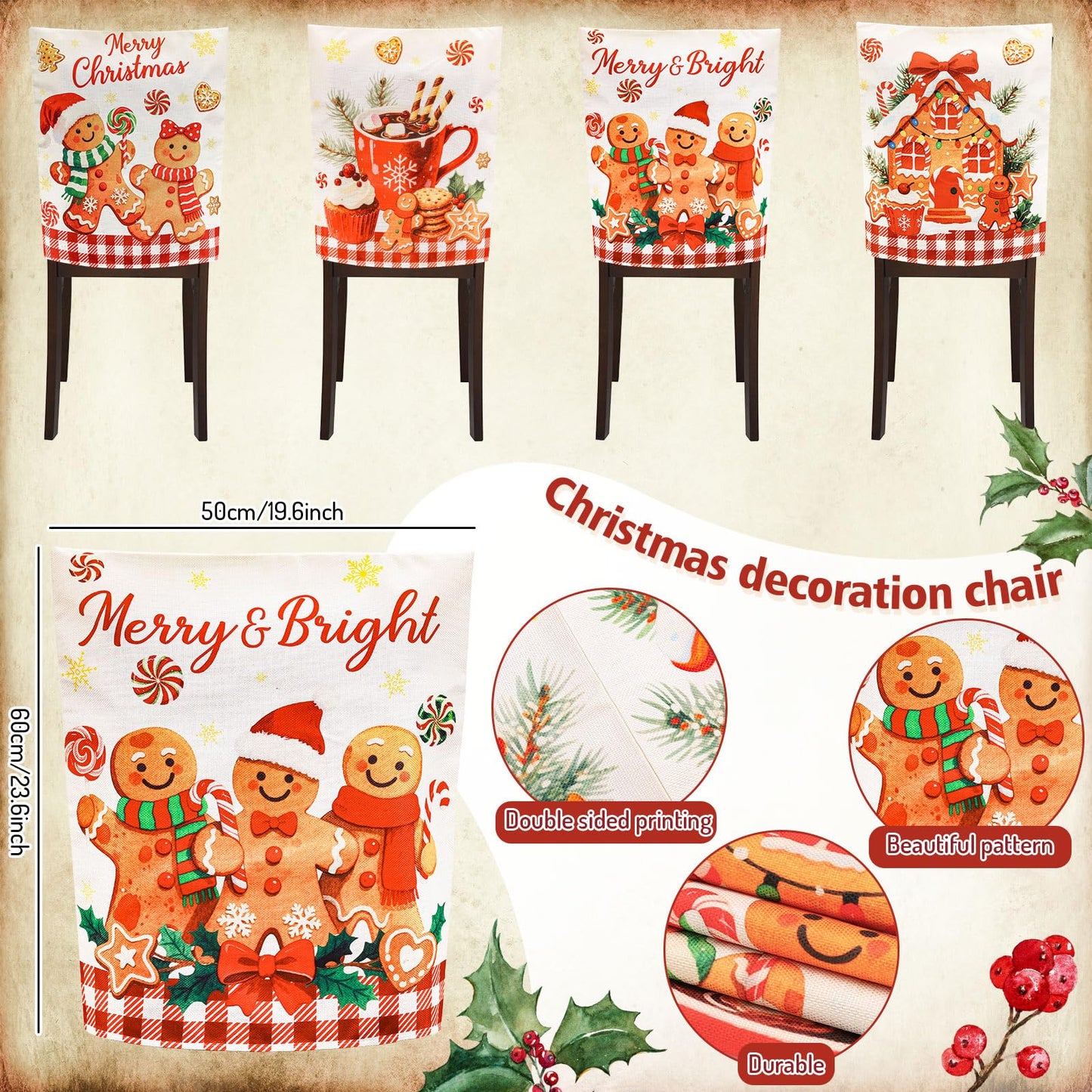 Whaline 4Pcs Christmas Chair Back Cover Red White Plaid Gingerbread Man Candy Cookie Seat Covers Dining Chair Slipcover Protector for Winter Xmas Home Kitchen Decor