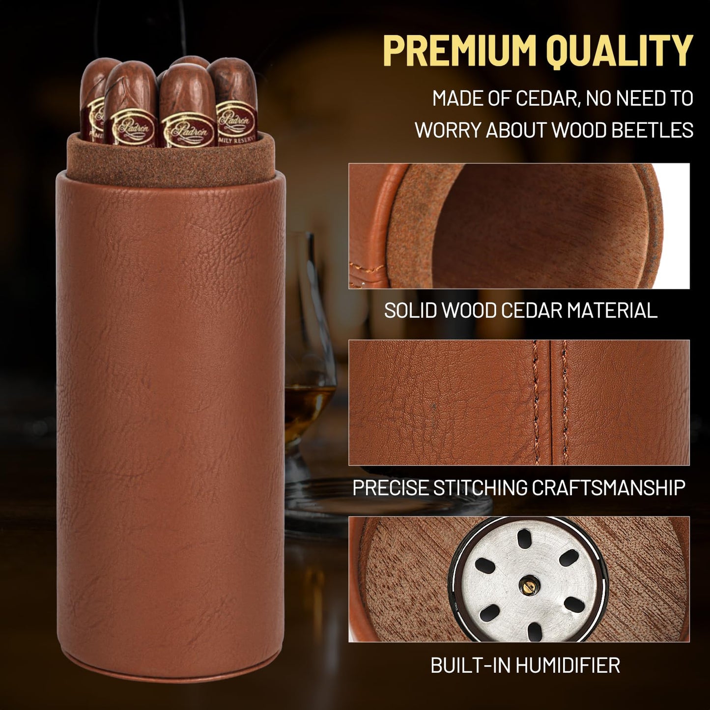 Premium Brown Cylindrical Cigar Humidor with Hygrometer and Cedar Wood Lining, Sealed Portable Leather Cigar Humidifier for Travel Cigar Case and Home Use Father's Day, boyfriends，Christmas