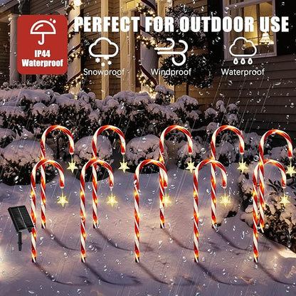 Christmas Decorations, 10 Pcs Christmas Candy Cane Lights with Star, 21'' Solar Pathway Lights with 8 Lighting Modes, Waterproof Garden Lights for Outdoor Christmas Patio Yard Walkway Decorations