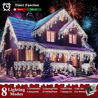 XURISEN 66ft Christmas Lights Decorations Outdoor, 640 LED 8 Modes Curtain Fairy Lights with 120 Drops,Plug in Waterproof Timer Memory Function for Christmas Holiday Wedding Party Decor(Cool White)
