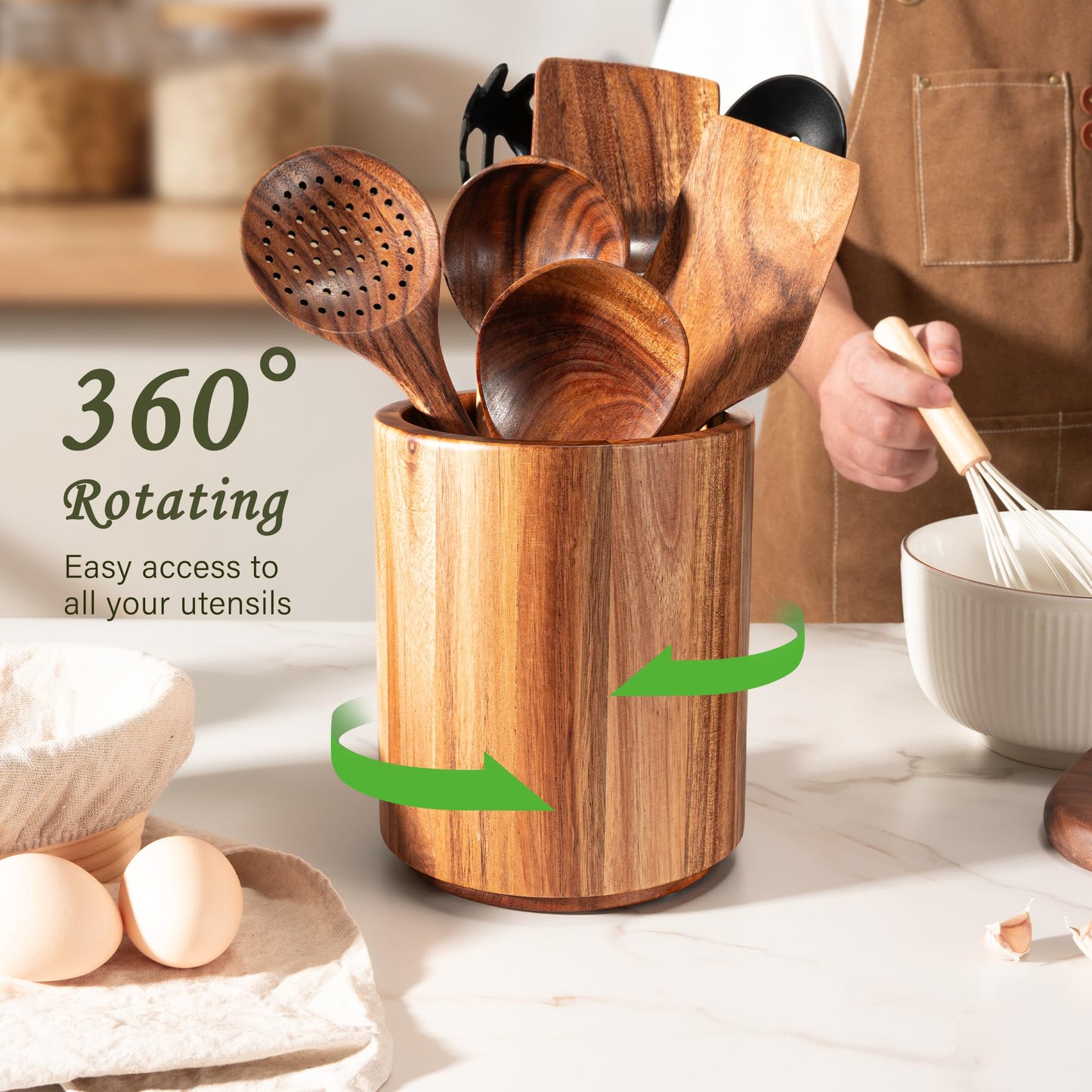 Criusia Utensil Holder 2 Pack, 360° Rotating Acacia Wood Cooking Utensil Crocks for Kitchen Counter, Farmhouse & Modern Decor, (2 Large)