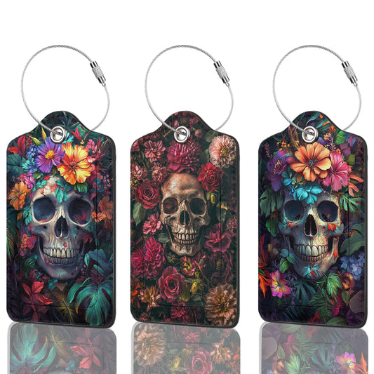 Luggage Tags for Suitcases Durable Leather Luggage Tags Cute Travel Name Tags for Cruise Ships Travel Essentials 3 Pack (Skull Flowers)