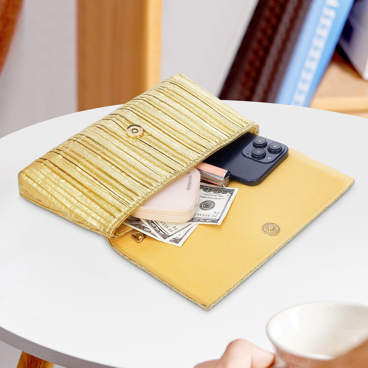 Tmore Clutch Purses for Women PU Leather Clutch Bag with Chain Handbags Soft Pleated Evening Bag (Gold)