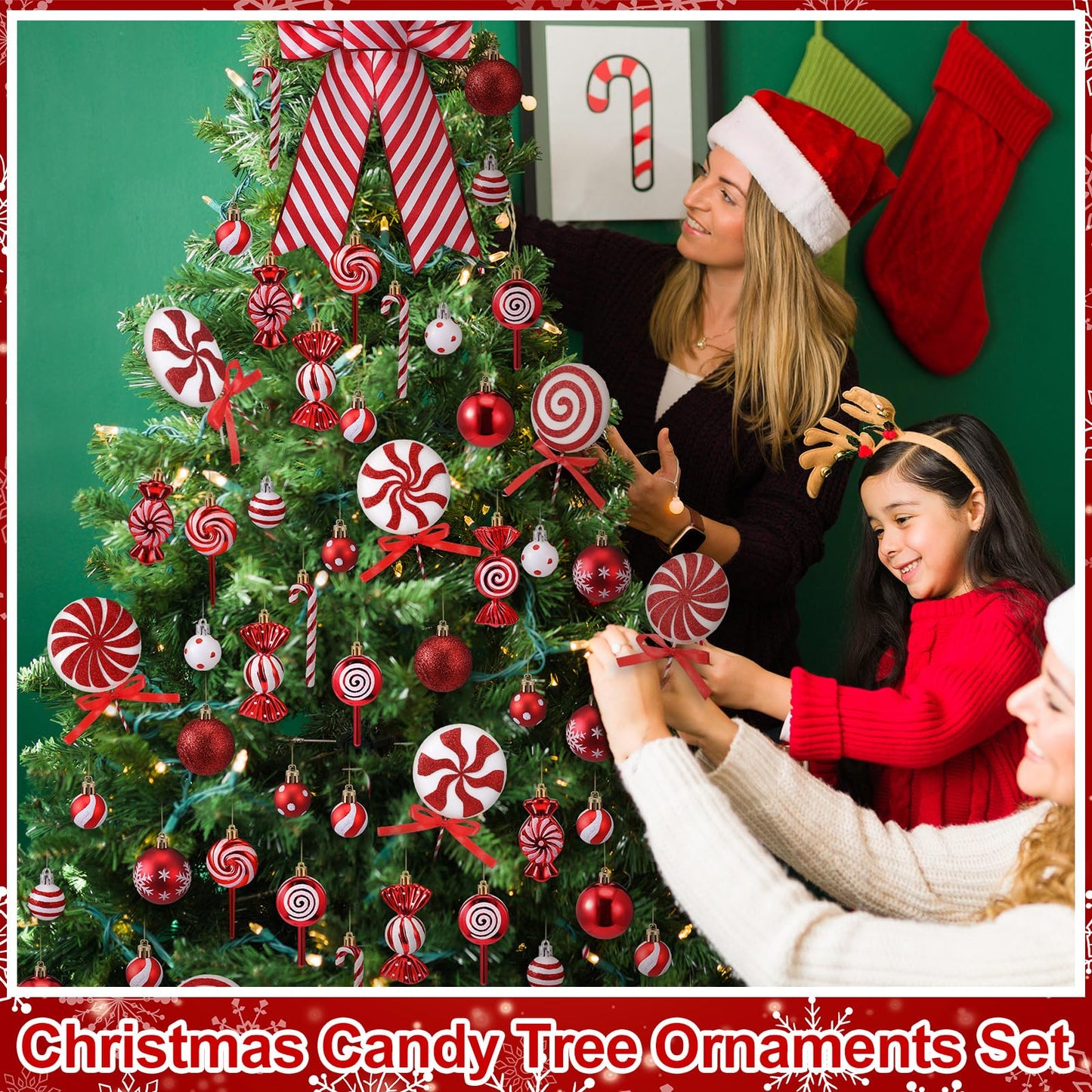 Soulchen 69 Pcs Candy Cane Christmas Tree Ornaments Set Red and White Christmas Decorations Lollipop Picks Shatterproof Hanging Xmas Balls Peppermint Striped Bow for Tree Party Holiday Decorations